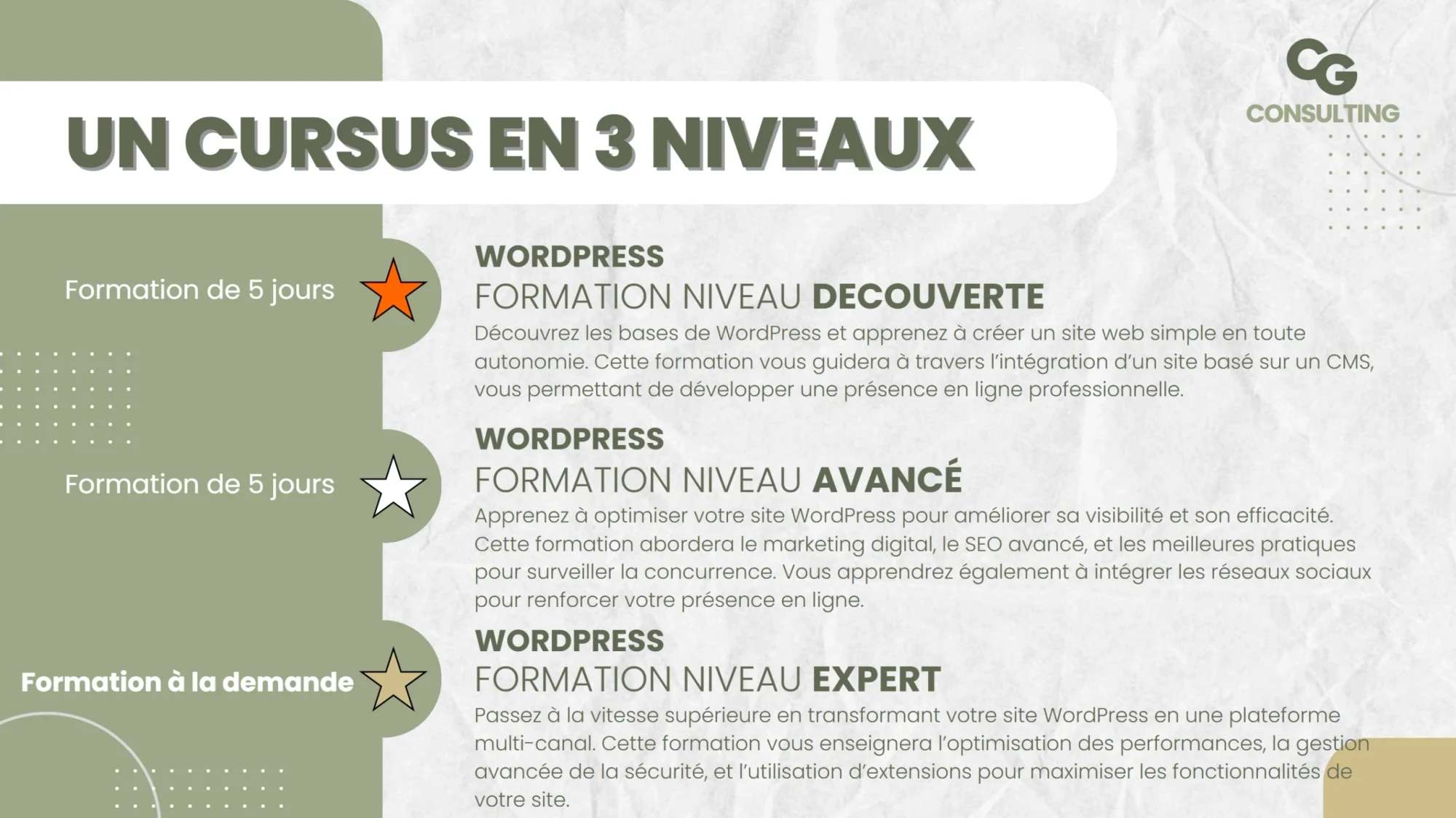 Cursus de formation WordPress en trois niveaux : découverte, avancé et expert