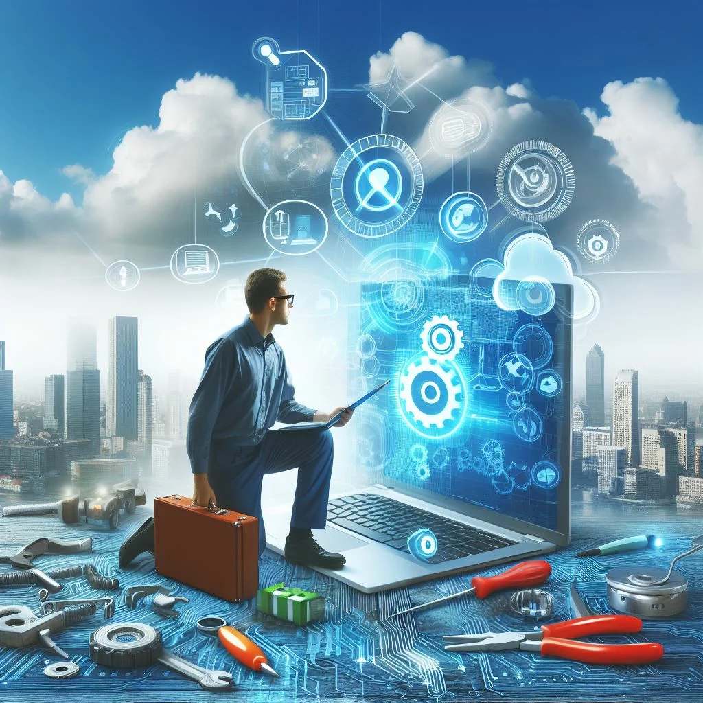 Technicien informatique entouré d’outils, de serveurs et d’écrans