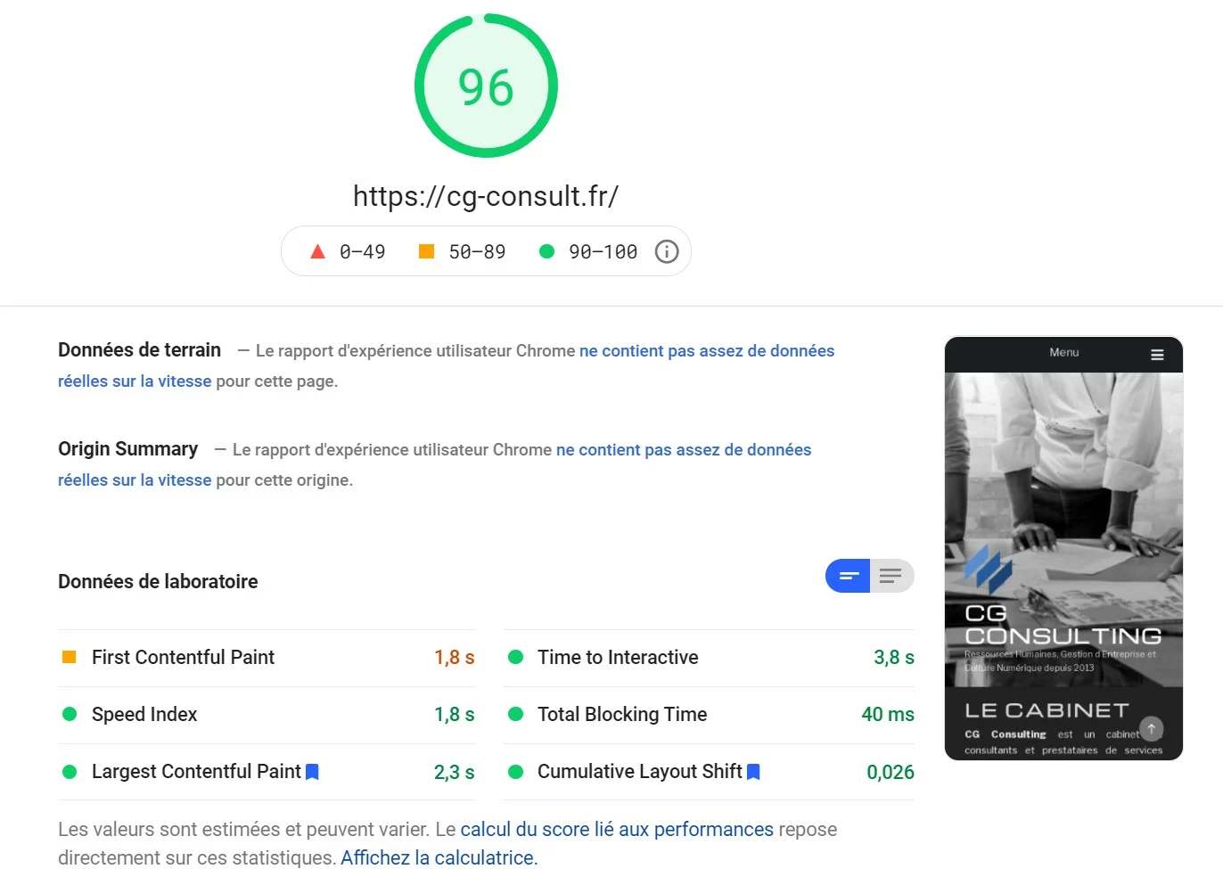 Rapport PageSpeed Insights affichant un score de 96 sur mobile