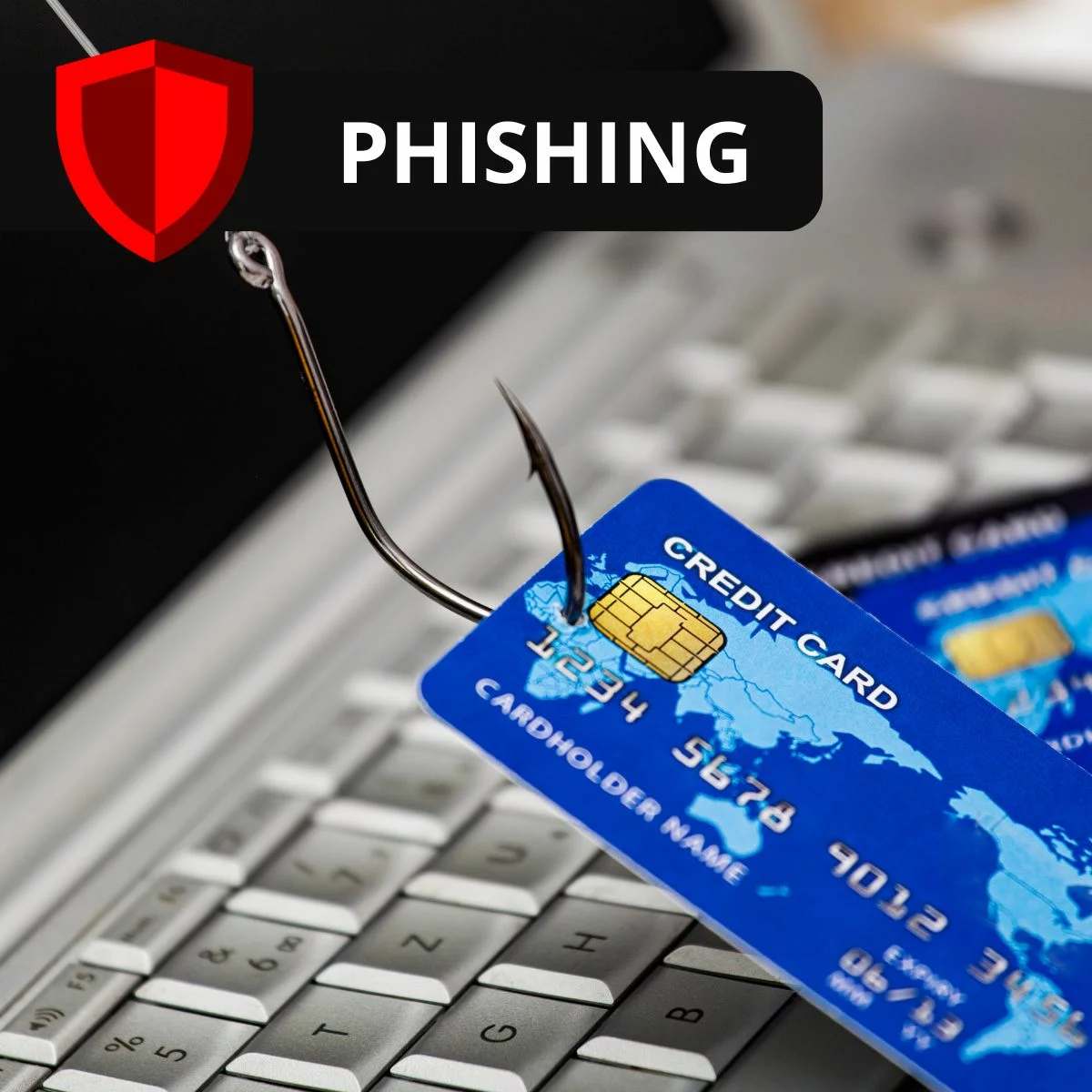 Carte bancaire accrochée à un hameçon sur un clavier, image du phishing